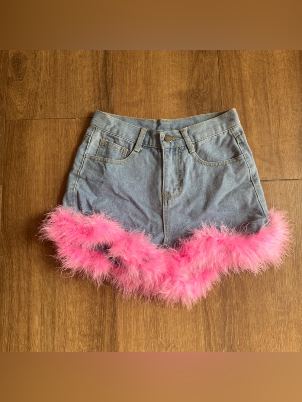 Womens Pink Feather Trim Denim Shorts 25 Festival Coquette Barbiecore Bratz Bold